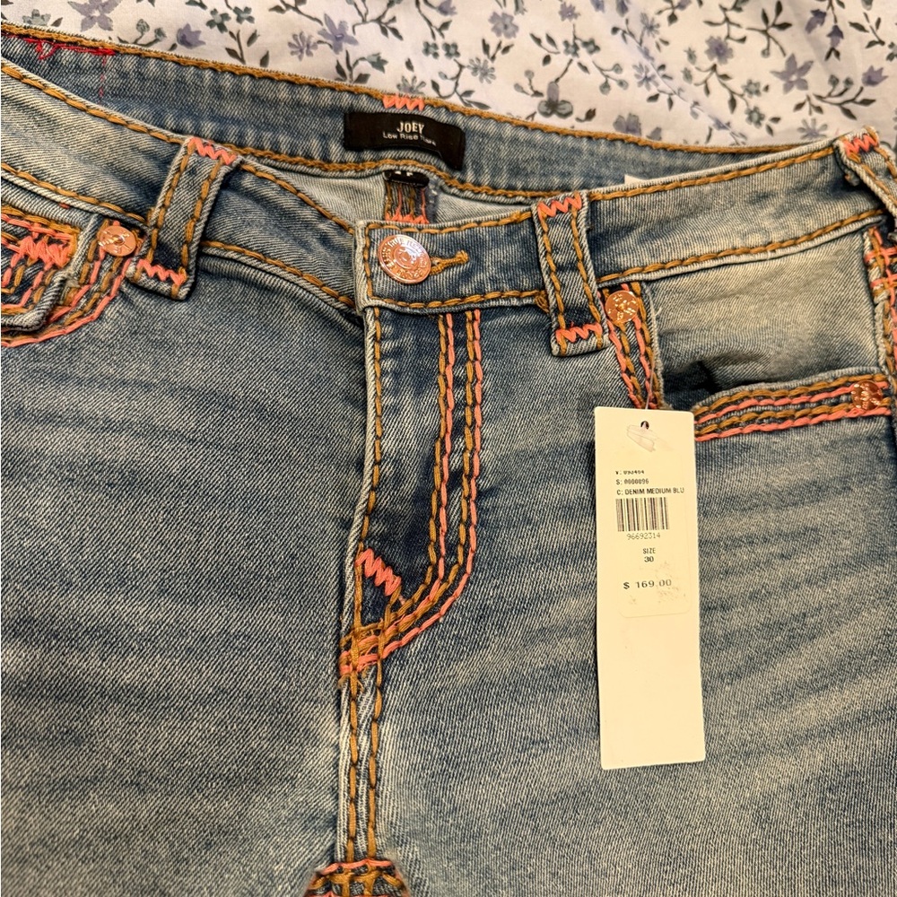 True Religion Women's Blue Jeans with Pink Stitching